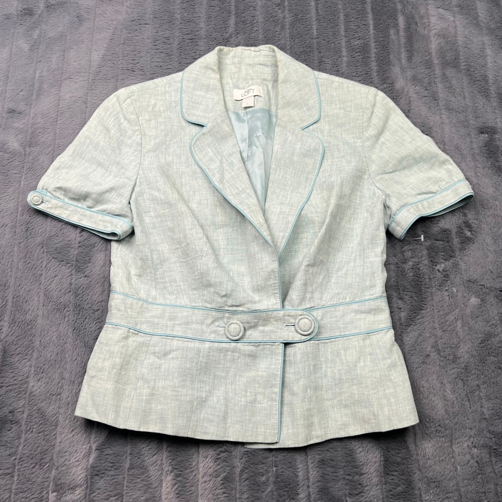 Ann Taylor Loft Womens Light Blue 100% Linen Short Sleeve Piping Blazer Size 6